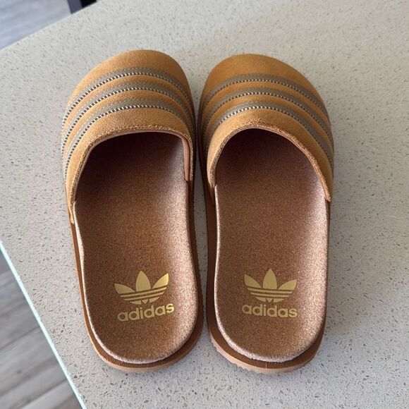 adidas Women’s Slide Sandals in Tan/Gold - Picture 7 of 14